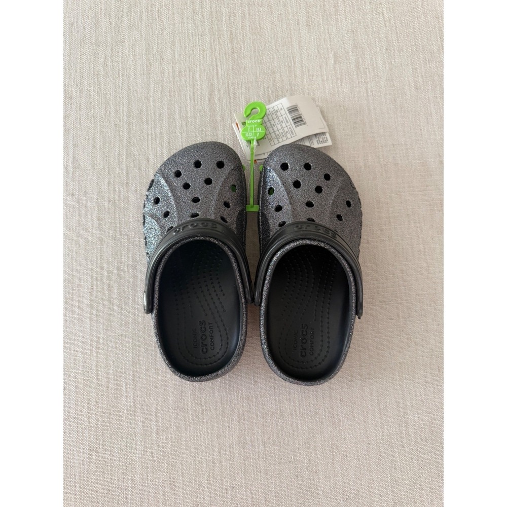 Crocs Baya Glitter Clog K Black Silver Shimmer Kids J1 207015-0C4 NWT